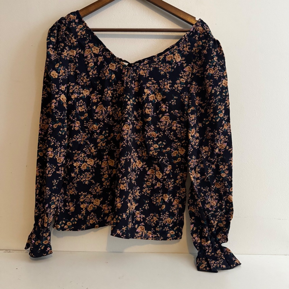 Women's Sz M Navy Floral Lace Trim Tie Front Blouse Coquette Girl Boho Fall